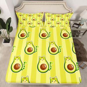 Cute Avocado Kitten Print Bed Sheet Set Pet Cats Pattern Fitted Sheet for Kids Teens Cartoon Animal Bedding Set Yellow Geometric Stripes Bed Cover Bedroom Decor 3Pcs Queen Size