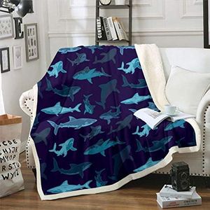 Sharks Sherpa Blanket,Large Reef Shark Fleece Blanket,Deep Ocean Animal Fuzzy Blankets For Kids Boys Girls,Rodents Wild Marine Life Hawaiian Blankets Throw Child Room Decor Throw 50"X60" Navy Blue