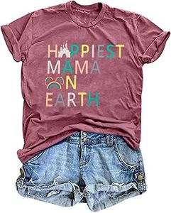 Mama T Shirt Women Happiest Mama On Earth Letter Print Shirt Funny Castle T-Shirt Inspirational Gift Tee Tops, Pink1, X-Large