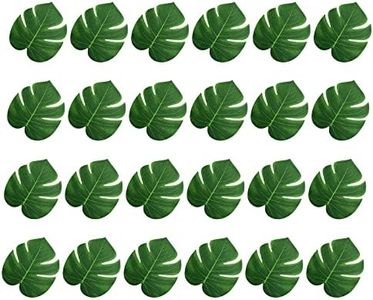 KINBOM 24 Pcs 6 Inch Artificial Palm Leaves, Tropical Faux Leaves Green Faux Monstera Leaves for Hawaiian Luau Jungle Party Safari Birthday Table Decorations (S)