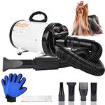 Dog Dryer, High Velocity Dog Hair Dryer, Dog Blow Dryer - Groomer Partner Pet Blower Grooming Force Dryer with Heater, Stepless Adjustable Speed, 4 Different Nozzles, Comb & Pet Grooming Glove (White)