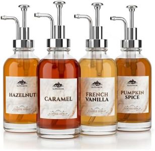 Set of 4 Glass Syrup Bottle with Pump 16.9oz 500 ml – Thick Glass Syrup Dispenser with 18 Marked Labels, Leak-Proof, Easy Cleaning – Coffee Bar Essentials for Home | Event Ready (Silver Pumps)