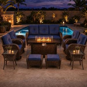 HUMMUH 10 Piece Wicker Patio Set, Swivel Rockers, Sofa & Fire Pit