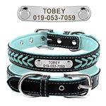 Beirui Soft Padded Genuine Leather Dog Collar Personalised,Free Engraving No falling-off Nameplate Dog Collar,Blue,M(30-39cm Neck Size)