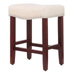 WO Home Furniture Upholstered Counter Stool 24" in Backless Saddle Seat Nail Head Sitting Bar Stool w Cherry Red Legs for Office, Home, Interior Design, Décor, Kitchen Island (Beige)