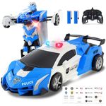 Carox Remote Control Police Car - 2.4GHz Transforming RC Car with DIY Sticker LED Lights & Illuminated Eyes, One-Button Deformation, 360° Rotating Drifting, 1:18 Scale Toy for Kids (Police Car Blue)