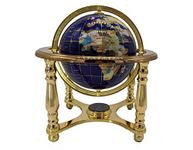 10" Tall Blue Lapis Ocean Table Top World Map Gemstone Globe with 4-leg Gold Stand