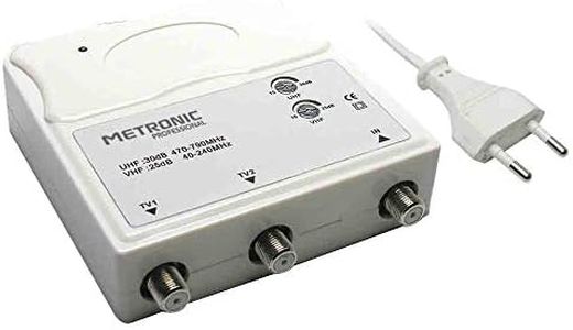 Metronic 414113 Amplificador TV VHF/UHF para Digital Terrestre con Filtro LTE, VHF 25 dB Ajustables, UHF 30 dB Regulables, 1 Entrada/2 Salidas, de Interior, Blanco