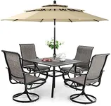 MFSTUDIO 6-Piece Patio Dining Set with Umbrella,Outdoor Furniture Set with 4 Sling Dining Swivel Chairs,1 x 37 Square Metal Mesh Table and 1 x 10ft 3 Tiers Umbrella (Beige)