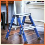 Prime 2steps Alligator Pattern Powder-Coated Finish Foldable Aluminium Twin Step Stool Ladder for Home & Office Use | Made in India | 5 Years Warranty | Anti-Skid Serrated Steps (Sapphire Blue)