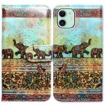 Bcov iPhone 13 Case, Tribal Elephants Pattern Leather Flip Phone Case Wallet Cover with Card Slot Holder Kickstand for iPhone 13