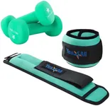 Yes4All Workout Weights Sets: Ankle Weights (2.5lbs Pair) with Adjustable Strap and Neoprene Coated Dumbbell Hand Weights (5lbs Pair) - for Women & Men in Running, Aerobics, Cardio Routine - Green