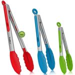 Walfos Silicone Kitchen Tongs, Heat Resistant Cooking Tongs Set, Thickened Stainless Steel and BPA Free Silicone Tips, 7" 9"&12" Food Tongs - Great for Cooking, Grilling & Turning (Red+Blue+Green)