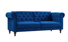 Velvet Three Seater Sofa Bed Vintage Style Chesterfield Bed Sofa Grey Green or Blue Velvet Fabric with Buttoned Back Upholstery - A Timeless Settee for the Contemporary Home (Dark Blue Velvet)