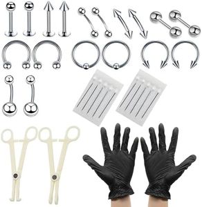 42Pcs Set Professional Body Piercing Tool Kit, Stainless Steel with Clamp Gloves Piercing Needle Tool Kit for Lip Stud Eyebrow Earring Navel Ring Full Body Piercing (Silver)