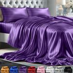 DECOLURE Stripped Satin Sheet Queen Set 4pc - Luxurious Silk Feel Sheets Queen - All-Season Satin Silky Soft Queen Size Satin Bed Sheets w/Deep Pocket Fitted Sheet, Flat Sheet and Pillowcase (Purple)