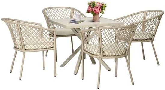Outsunny Set da Giardino in Rattan da 5 Pezzi, Set da Esterno con 4 Poltroncine da Esterno con Cuscini e Tavolo da Pranzo in Acciaio e Rattan PE, Khaki