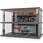 kivcmds 1:24 Scale Car Model Display Case with Parking Lot Scene for Car Model Toys and Lego, Display Stand for Alloy Car Model Toys with Light and Dust Cover (Coffee Bar Parking Lot)