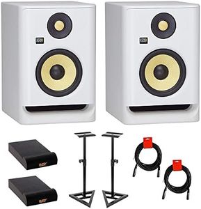 KRK RP5 ROKIT 5 G4 5" Pro Bi-Amp 2-Way Powered Studio Monitor, White (Pair) Bundle with Auray TMS-135 Studio Monitor Stands (Pair), 2X Auray IP-S Small Isolation Pad & 2X XLR Cable
