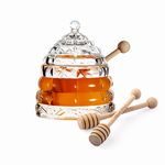 M&N Home Beehive Crystal Honey Dish and 3 Dippers, Honey Jar and Dipper Set, Large Glass Jar Honey Pot with Lid and Inscribed Wooden Honey Dippers, Glass Honey Dispenser Thank You Gift for Jam, Syrup and Honey