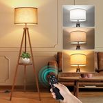 OUTON Solid Wooden Tripod Floor Lamp, Bulb Included, Standing Lamp with Remote Control, Dimmable & 4 Color Temperatures, 1H Timer, Floor Lamp with Storage Shelf Linen Shade for Living Room Bedroom