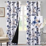 H.VERSAILTEX 100% Blackout Curtains 84 inch Length 2 Panels Set Cattleya Floral Printed Drapes Leah Floral Thermal Curtains for Bedroom with Black Liner Sound Proof Curtains, Navy and Taupe