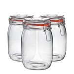 Argon Tableware Glass Jars with Airtight Metal Clip Lid - 1000ml/33.8oz - 3 Pack - 4 Colour Seals - Large Kitchen Storage Container Round Preserving Jar for Pickling, Chutney, Jam, Coffee