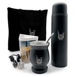 Complete Yerba Mate Kit - Includes Mate Cup, Straw (Bombilla), 750ml Thermos, Bag and two gifts (Container Yerbero and Car Immersion Heater) - Stainless Steel Yerba Mate Set (Black)