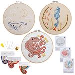 Embroidery Starter Kits for Adults Beginners with Sea Animals Pattern, Easy Beach Stamped Cross Stitch Starter Kit for Adults Beginners, Ocean Embroidery Art Kit, 3 Sets of Hoop Fabric Needle Thread