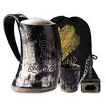 FENRIR Premium Viking Natural Drinking Horn Mug Authentic Food Grade with Short Glass and Bottle Opener for Ale Beer Cold Drink (16-oz 3 Pieces Set Size-6.5 Inch)