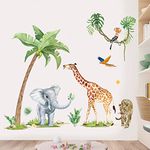 wondever Jungle Safari Animals Wall Stickers Giraffe Elephant Leopard Large Palm Tree Peel and Stick Wall Art Decals for Baby Nursery Kids Bedroom