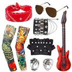 11Pcs Punk Gothic Rocker Costume Set, Rock Heavy Metal Accessories with Retro Sunglasses Gloves Bandana Fake Tattoo Sleeves Bracelet Rings Inflatable Guitar for Women Men Halloween 80s Disco Party