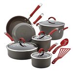 Rachael Ray Cucina Hard-Anodized Nonstick 12-Piece Cookware Set, Gray with Cranberry Red Handles