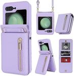 XIMAND for Samsung Galaxy Z Flip 6 Luxury Zipper Wallet Phone Case, Multi-Function Kickstand Card Holder Adjustable Crossbody Strap, Fashion Flip Case.(Purple)