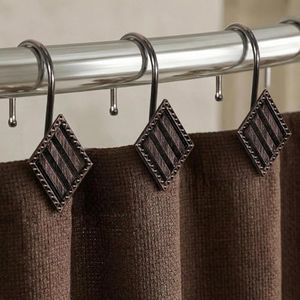 Bronze Decorative Shower Curtain Hooks: Rust Proof Metal Geometric Diamond Shaped Shower Curtain Rings - Rustic Vintage Antique Hooks Hangers for Shower Curtain Rod - Set of 12