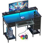 BEXEVUE120x50 Office Desk with LED & Power Outlets, Computer Table with Keyboard Tray, Modern Gaming Desk with 4 Reversible Drawers, Large Storage Shelf Workstation for Study, Home Office, Black