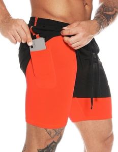 Men's 2 in 1 Workout Running Shorts 5" Quick Dry Athletic Shorts Lightweight Gym Training Short for Men with Phone Pockets Black Orange