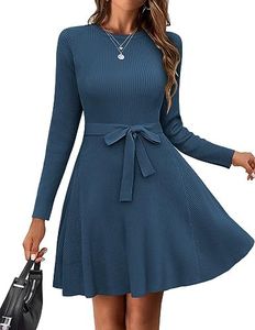 Hotouch Women's Long Sleeve Casual Dress Crewneck A-Line Fall Winter Sweater Dress Bodycon Ribbed Knit Dress with Belt