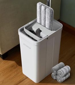JOYMOOP Flat Mop System, Microfiber Mop and Bucket Set, White, Commercial & Household Use, Hardwood Floor & Wall Cleaning Mop with Long Handle, 4 Microfiber Pads