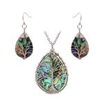 Tree of Life Hand Wrapped Sea Abalone Shell Earrings/Pendant Necklace Jewelry Set for Women, Copper Wire Silver Tone