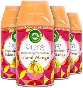 Air Wick, deodorante automatico Freshmatic spray, Island Mango, confezione da 4 x 250 ml, oli essenziali naturali, durano fino a 280 giorni, deodorante per ambienti
