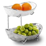 HOMKULA Fruit Bowl for Kitchen Counter - 2 Tier Ceramic Serving Bowls with Metal Stand, Tiered Fruit Basket for Fruit Vegetable Storage, Snack, Nuts, Cake, Dessert, Small & Cute (Sliver)