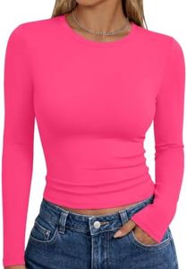 Trendy Queen Womens Long Sleeve Shirts Basic Crop Tops Tight Slim Fit Cute Teen Girls Fall Winter Y2k Clothes Neon Pink XL