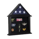 Flag Display Case with Certificates Document Holder, Fits 3'x5' Veterans Burial Memorial Flag, Solid Wood Flag Case with Felt Lining for Badges and Medals, Wall Mounted Shadow Box (Black)