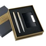 Parker Galaxy Silver Body | Stainless Steel | Gold Trim + Free Card Holder (2 Count, Pack of 2, Ink - Blue) | Recommended for gifting occasions | Elite pen for corporate and academic purposes