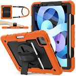 SEYMAC stock Case for iPad Air 5th/4th Gen/Pro 11 with Screen Protector, Pencil Holder [360 Rotating Hand Strap] &Stand, Drop-Proof Case, Orange+Black