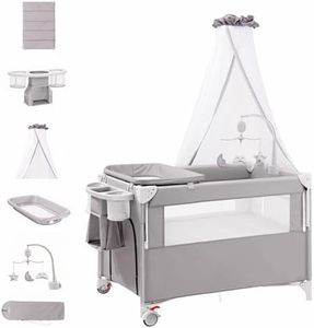 Advwin 4 in 1 Foldable Baby Portacot with Diaper Changer, Bedside Crib with Mattress, Baby Bassinet Playard with Storage Basket, Lockable Wheels, Bedside Sleeper for Newborn Grey