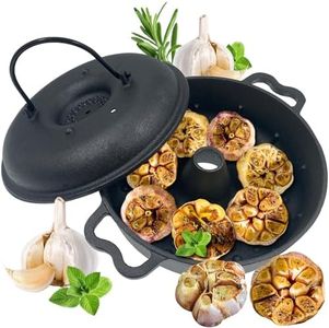 BOLVOUD Large Garlic Roaster, Cast Iron Garlic Roaster for Grill Oven, Outdoor Camping Cookware Garlic Roasting Pot Dutch Oven with Lid, Roast Vegetables Skillets Round Pan, BBQ Grilling Gifts for Men