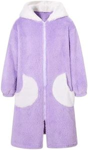 Funnycokid Girls Robes Size 5-6 Little Solid Color Kids 4t Purple Zip Hooded Bathrobe Soft Fleece Bath Robe Long Sleeve Plush Pajamas Sleepwear