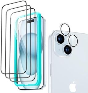 ESR 3+1 Pack for iPhone 15 Screen Protector, 3 Tempered-Glass Screen Protector and 1 Set Camera Lens Protector, 2.5D Curved Edges, Full-Coverage Military-Grade Protection, Scratch Resistant